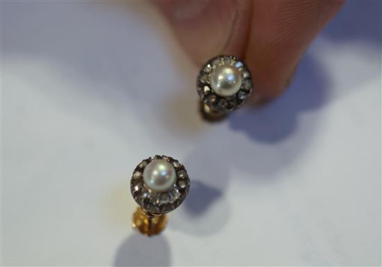 A mid 20th century single strand cultured pearl necklace with diamond and pearl set white gold clasp & pr of earclips.
